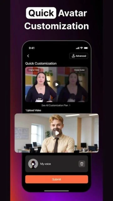 Virbo supports avatar customization, including face and voice cloning from video uploads.