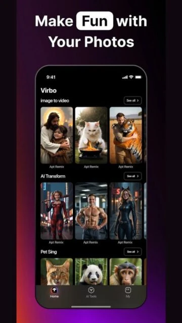 Virbo remixes photos into playful videos—pets sing, people morph, scenes shift instantly.