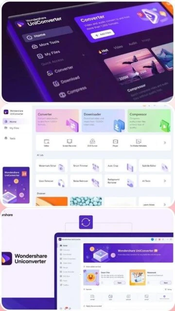 Wondershare UniConverter dashboard: converter, downloader, compressor, AI tools.