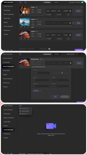 Wondershare UniConverter interface: video converter, compressor, screen recorder.