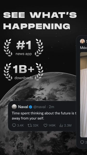 X app promo: #1 news app, 1B+ downloads. Tweet overlay shown.