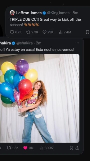 X app feed with tweets from LeBron James and Shakira. Likes, shares.