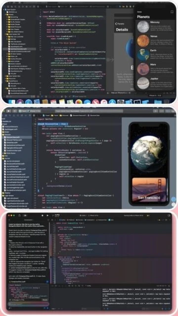 Xcode editing Swift classes, view controllers, and UI previews for planet and Earth details.