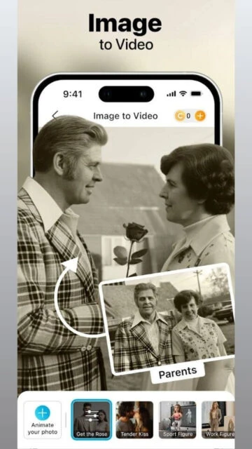 YouCam app with old photo animation feature and "Parents" label.