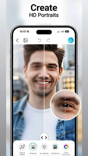 YouCam app showing "Create HD Portraits" with split-screen editing.