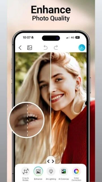 YouCam app displaying "Enhance Photo Quality" with before/after comparison.