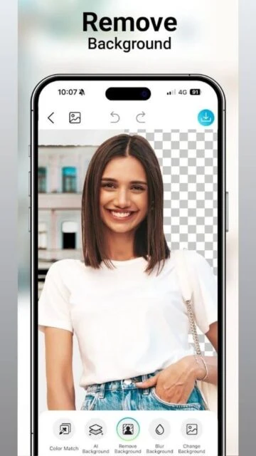 YouCam app with "Remove Background" feature showing transparent grid.
