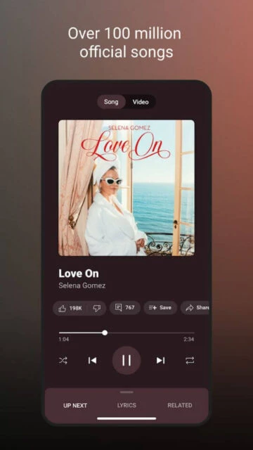 YouTube Music song player. Selena Gomez “Love On”, lyrics, save.