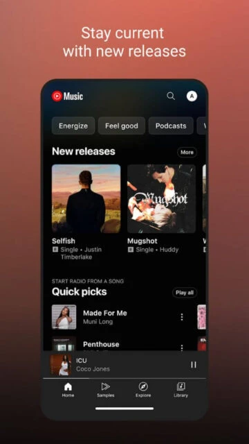 YouTube Music new releases. Justin Timberlake, Huddy, quick picks.