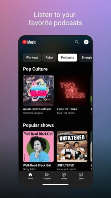 YouTube Music podcasts section. Asian Glow, Two Hot Takes shows.