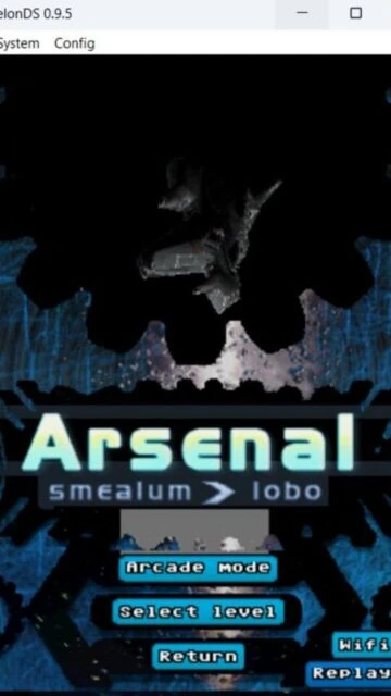 MelonDS displaying Arsenal game menu with options like Arcade Mode and Select Level.
