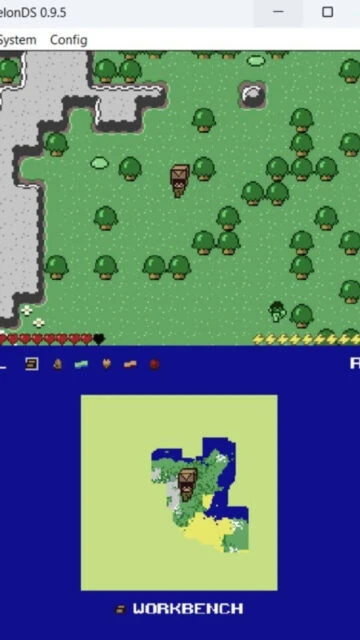 MelonDS showing top-down RPG world map and Workbench mini-map in bottom screen.