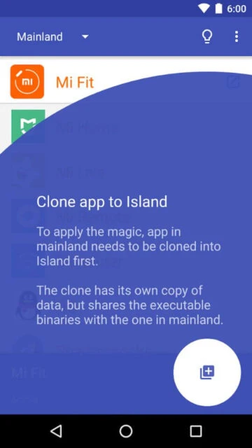 Island clones Mi Fit app from Mainland for isolated use.