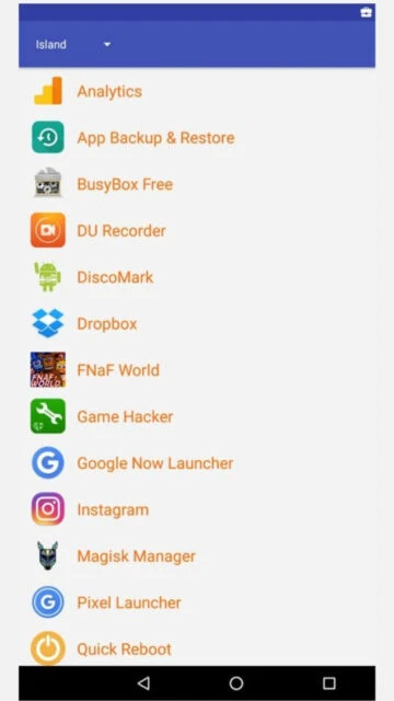 Island app list showing cloned apps like Instagram, Dropbox.
