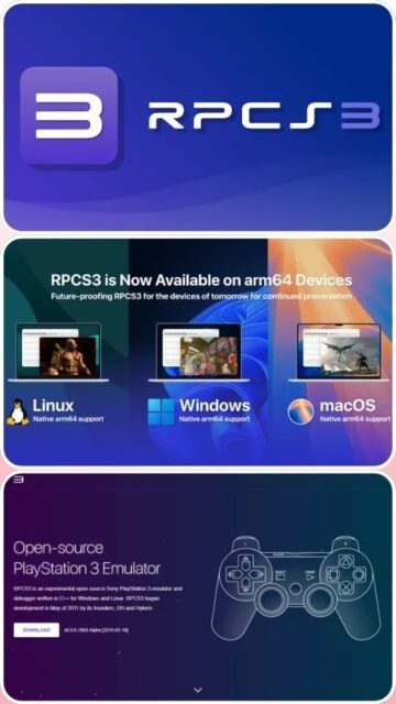 RPCS3 logo and platform support for Windows, macOS, Linux.