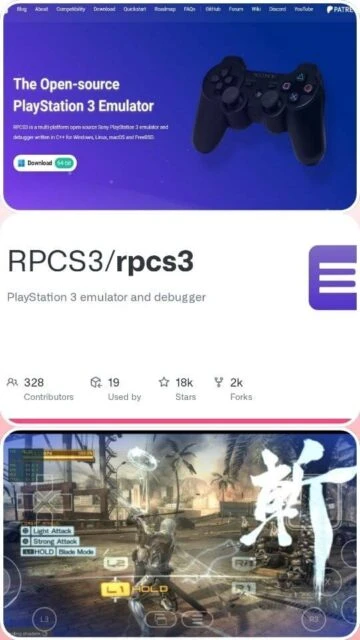 RPCS3 official site, GitHub stats, Metal Gear Rising gameplay.
