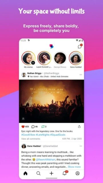 UpScrolled home screen with Stories, feed posts, and bottom navigation icons active.