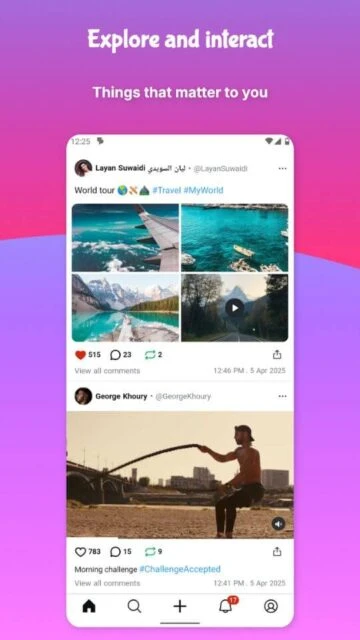 UpScrolled feed showing travel posts, hashtags, likes, comments, and navigation bar.