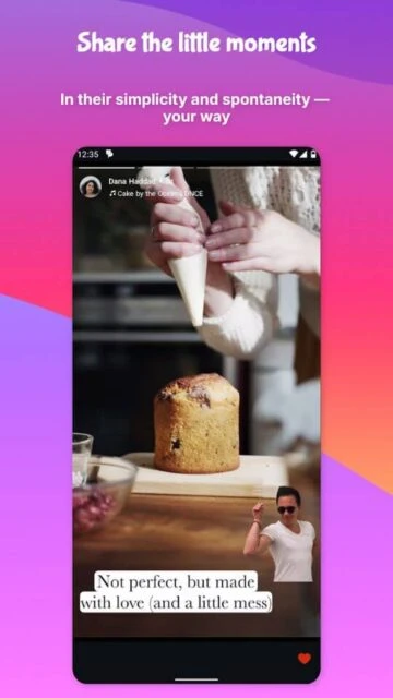 UpScrolled Reels post with cake-making video, caption overlay, and heart reaction.