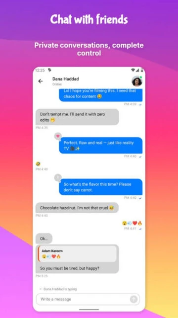 UpScrolled Direct chat interface with messages, reactions, and typing indicator visible.
