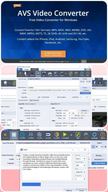 AVS Video Converter homepage: 150+ formats, device support, download CTA.