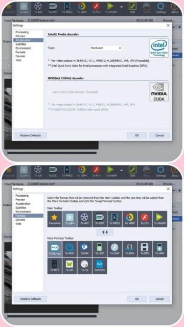 AVS Video Converter settings: Intel Quick Sync, NVIDIA CUDA, format toolbar.