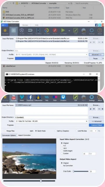 AVS Video Converter interface: file list, batch CLI, output profile selection.