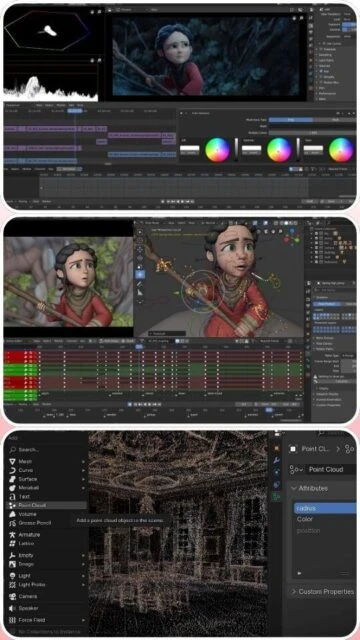 Blender video editing suite: timeline, color grading, point cloud tools.