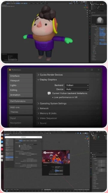 Blender preferences: Vulkan render backend, character rig, startup splash.