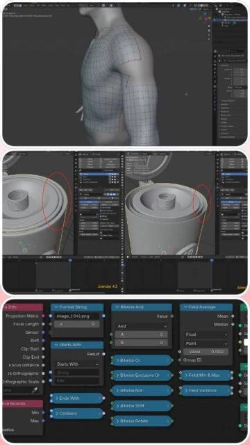 Blender 4.5 modeling interface: human torso mesh, UV unwrap, node logic.