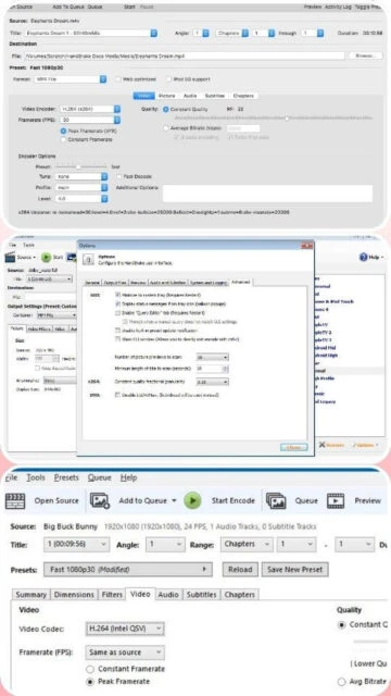 HandBrake encoder options: H.264, x264, quality sliders, CLI.