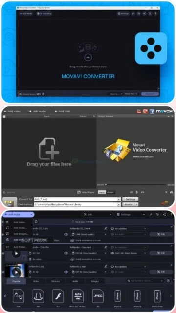 Movavi Video Converter interface: drag-and-drop, AVI/MP4/HEVC, batch queue.