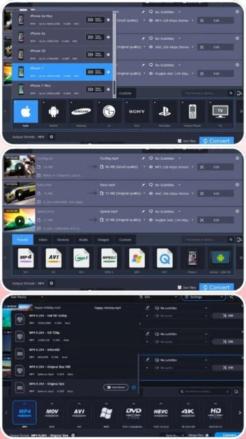 Movavi Video Converter device presets: iPhone, Android, Sony, TV, 4K output.