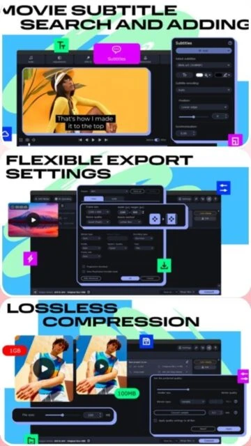 Movavi Video Converter: subtitle search, export settings, lossless compression.