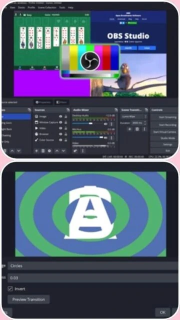 OBS Studio interface: audio mixer, scene transitions, logo animation preview.