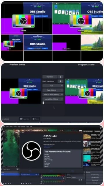 OBS Studio scenes: preview/program views, transitions, color bars, game capture.