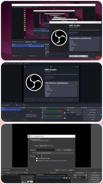 OBS Studio interface: sources panel, properties window, contributor list dialog.