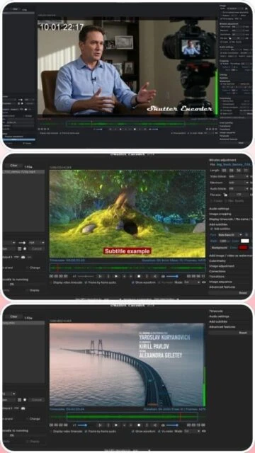 Shutter Encoder editing: subtitle overlay, title burn, proxy timeline with speaker.
