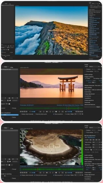 Shutter Encoder interface: timeline, codec settings, preview of landscape footage.