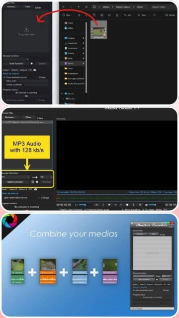 Shutter Encoder workflow: file import, MP3 128 kb/s selection, media combine.