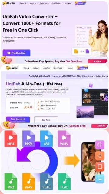 UniFab All-in-One landing page: 1000+ formats, free download, Valentine deal.
