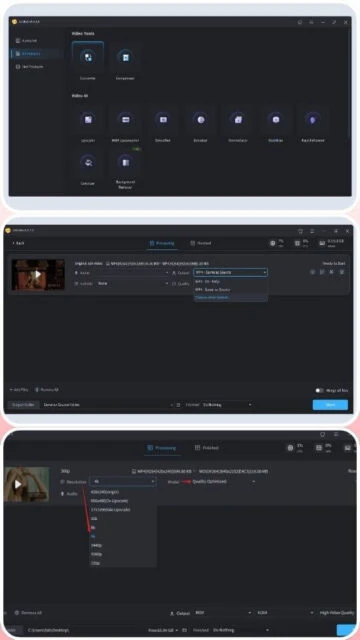 UniFab interface: AI tools panel, processing queue, resolution dropdown menu.