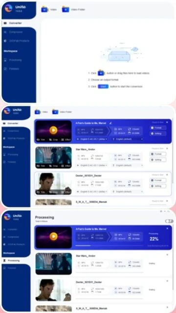 UniFab batch processing: Marvel & Star Wars clips, format presets, progress bar.