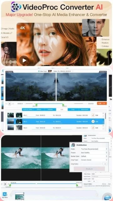 VideoProc Converter AI editor: timeline, crop, stabilization, 4K split-screen preview.