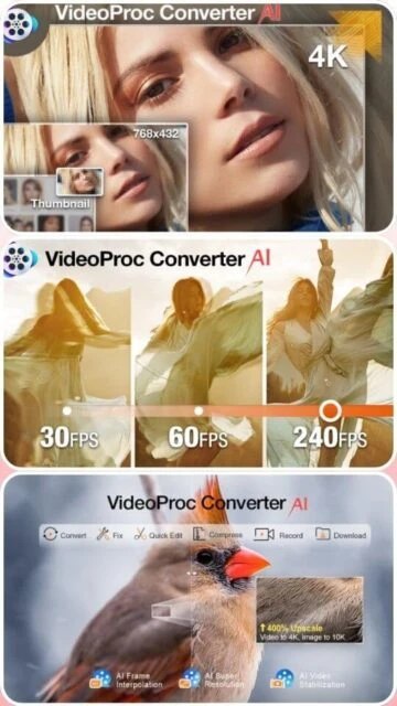 VideoProc Converter AI promo: 4K upscaling, 30–240 FPS, thumbnail generation.
