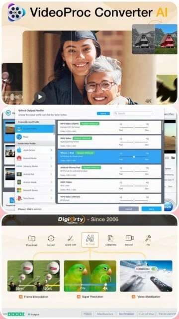 VideoProc Converter AI interface: output profiles, device presets, 4K preview.