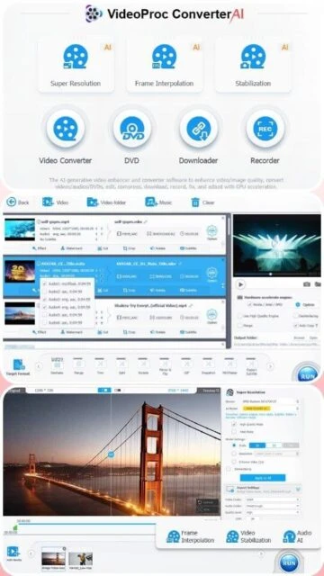 VideoProc Converter AI modules: Super Resolution, Frame Interpolation, Stabilization.
