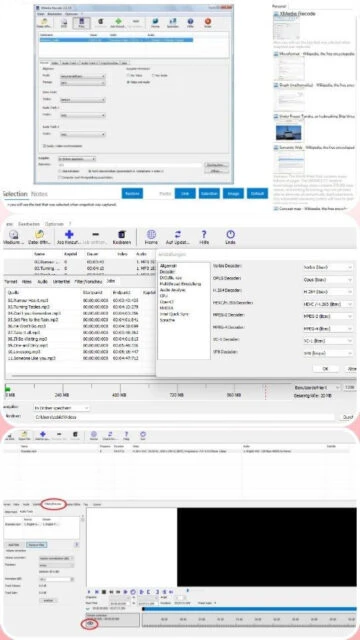 XMedia Recode job queue, codec dropdowns, bitrate sliders, progress bar.