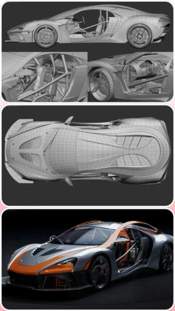 ZBrush car modeling: wireframe chassis, interior, final render.