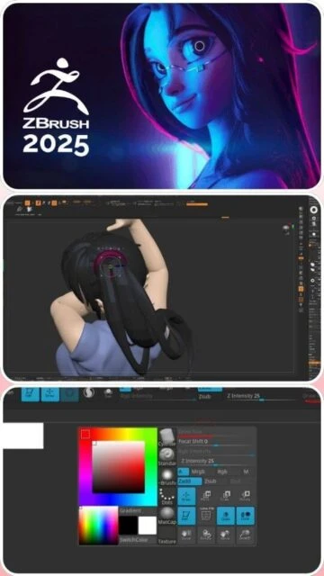 ZBrush 2025 splash screen with anime-style character & UI.